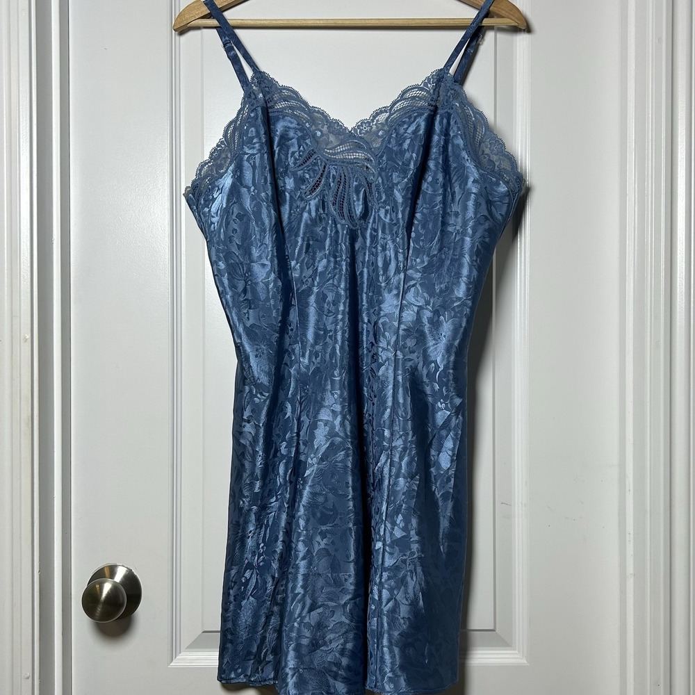 Adonna Vintage 90s Steel Blue Lace Trim Floral Print Jacquard Satin Slip Dress